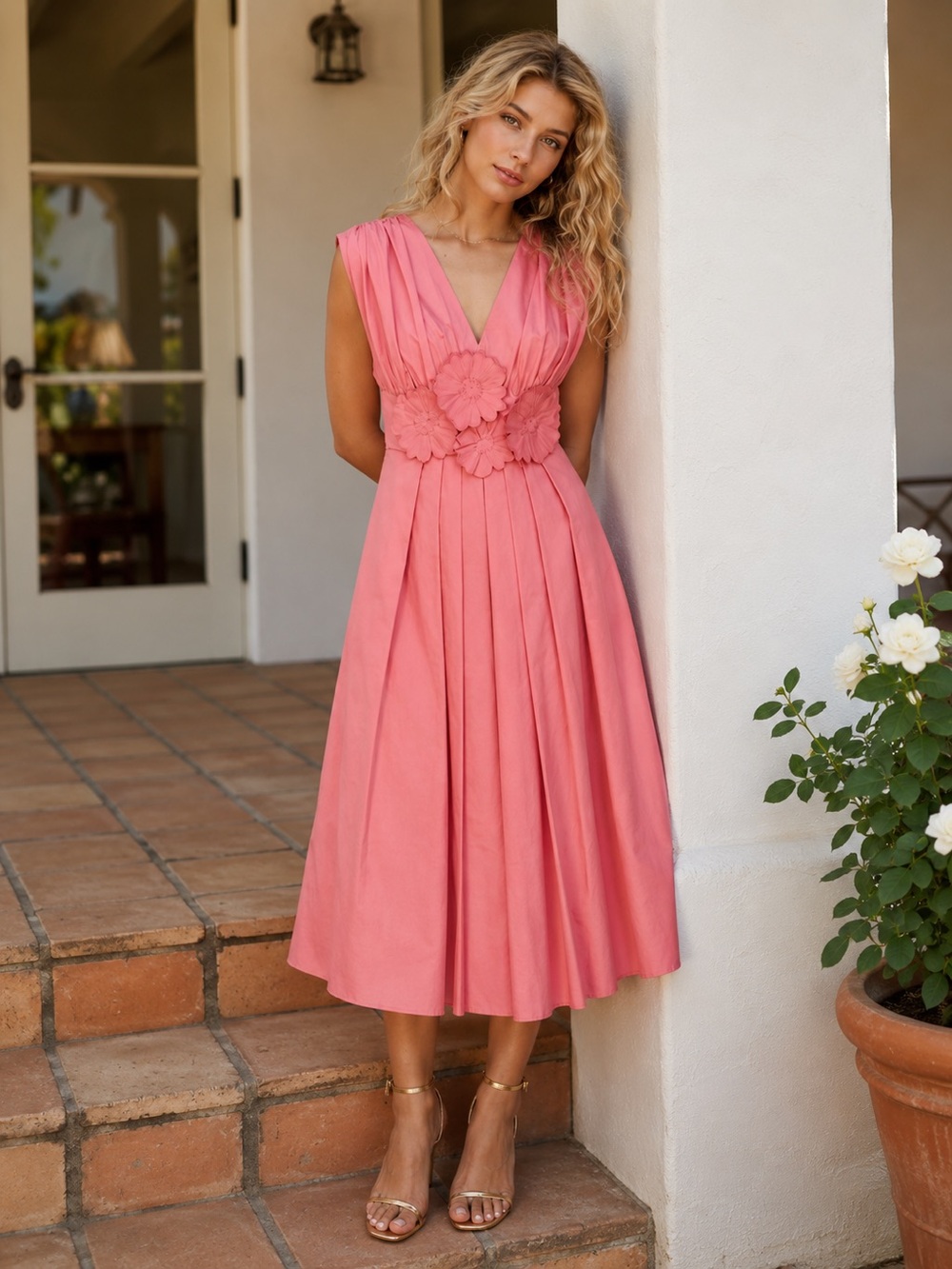Lucy Paris Ilona Midi Dress Coral Pink Floral Belt Detail 1X NWT